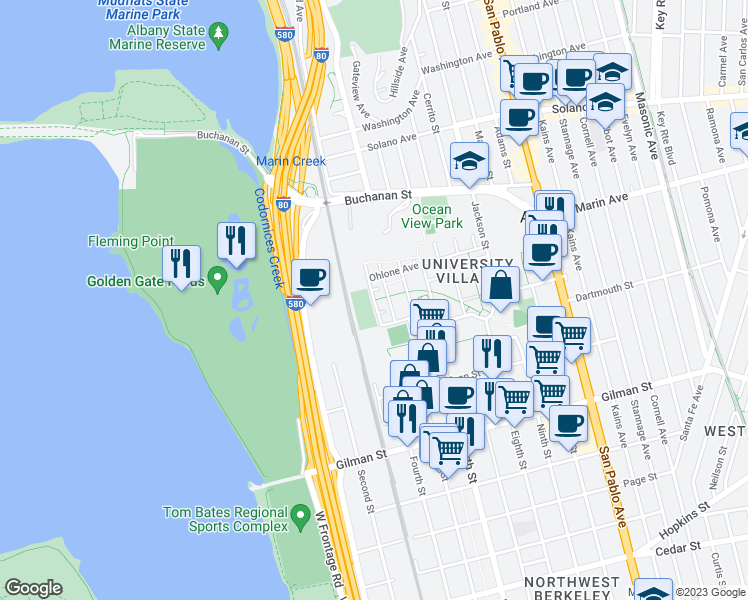 map of restaurants, bars, coffee shops, grocery stores, and more near West End Way in Albany