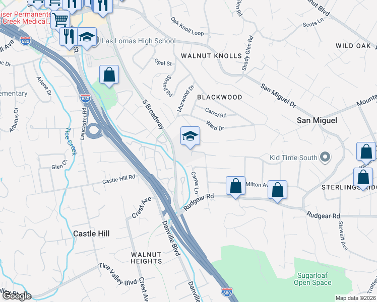 map of restaurants, bars, coffee shops, grocery stores, and more near 2050 Vanderslice Avenue in Walnut Creek
