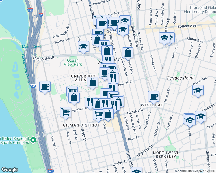 map of restaurants, bars, coffee shops, grocery stores, and more near 1100 San Pablo Avenue in Albany