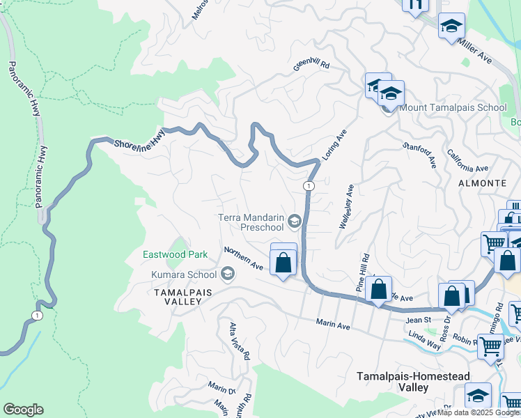 map of restaurants, bars, coffee shops, grocery stores, and more near 803 Everest Court in Mill Valley