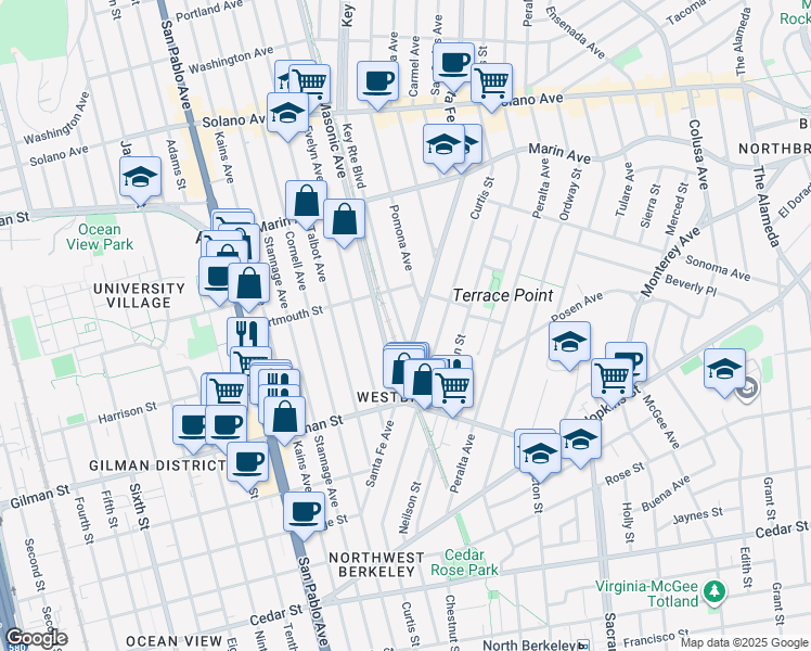 map of restaurants, bars, coffee shops, grocery stores, and more near 1125 Key Route Boulevard in Albany