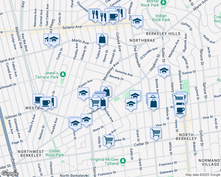 map of restaurants, bars, coffee shops, grocery stores, and more near 1217 Carlotta Avenue in Berkeley