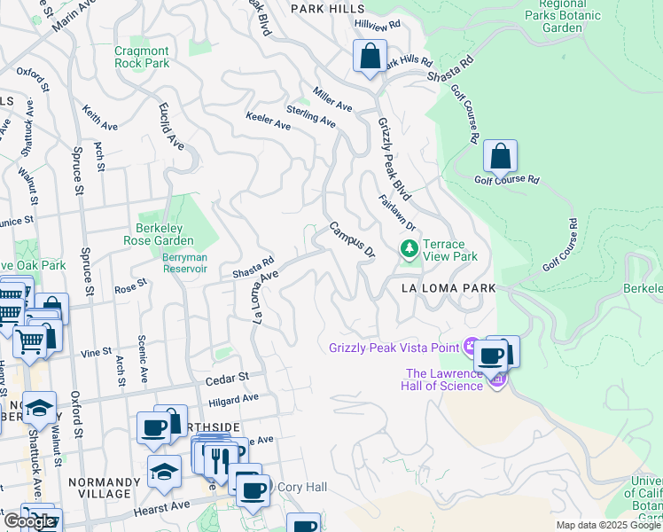 map of restaurants, bars, coffee shops, grocery stores, and more near 1404 Glendale Avenue in Berkeley