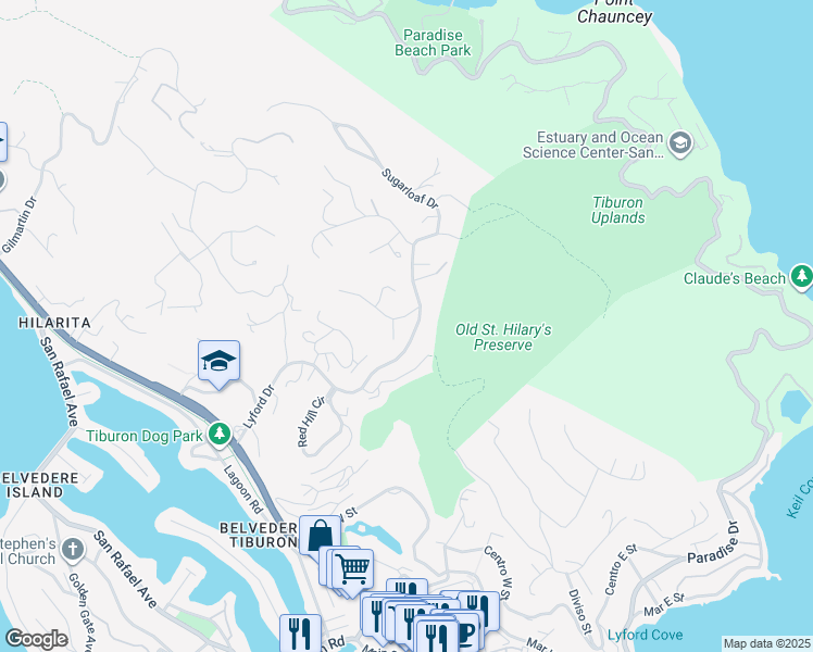map of restaurants, bars, coffee shops, grocery stores, and more near in BEL TIBURON