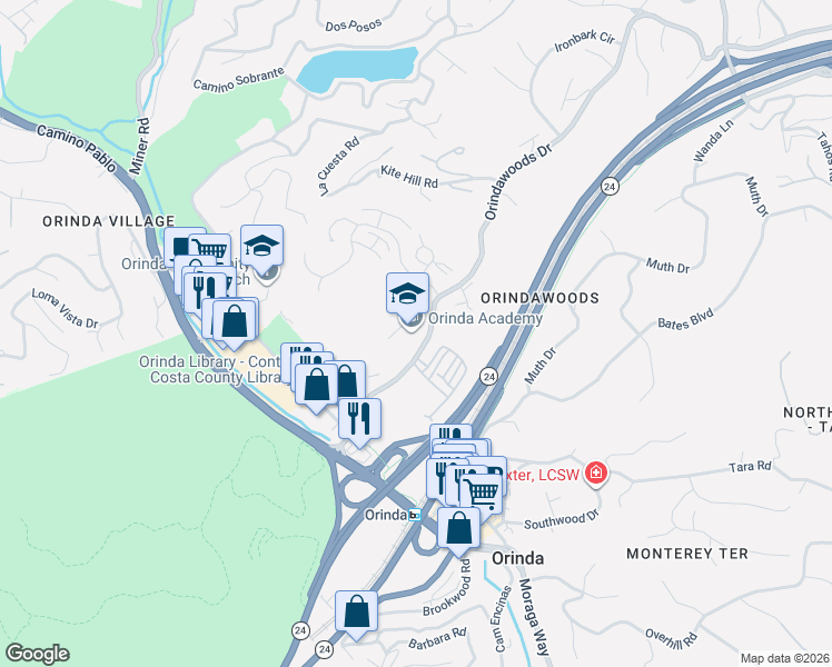 map of restaurants, bars, coffee shops, grocery stores, and more near 19 Altarinda Road in Orinda