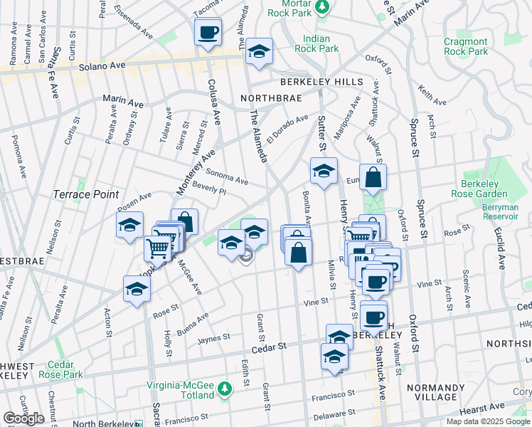 map of restaurants, bars, coffee shops, grocery stores, and more near 1218 Josephine Street in Berkeley