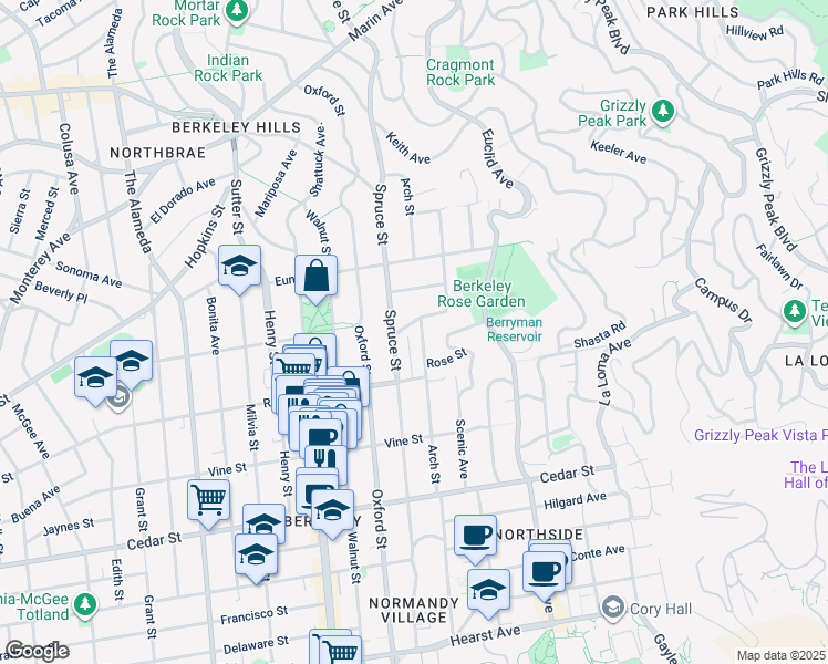 map of restaurants, bars, coffee shops, grocery stores, and more near 1315 Arch Street in Berkeley