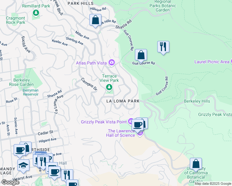 map of restaurants, bars, coffee shops, grocery stores, and more near 231 Fairlawn Drive in Berkeley
