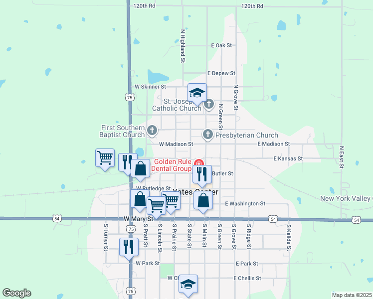 map of restaurants, bars, coffee shops, grocery stores, and more near 200-298 West Madison Street in Yates Center