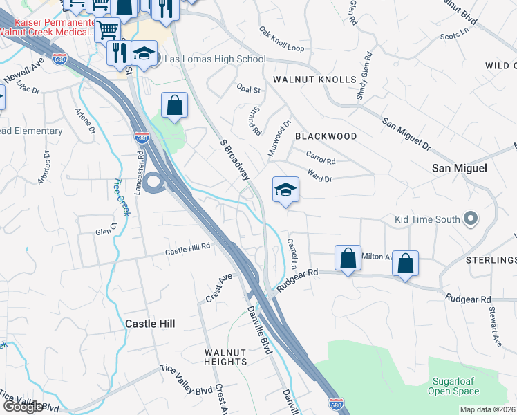 map of restaurants, bars, coffee shops, grocery stores, and more near 1402 Creekside Drive in Walnut Creek
