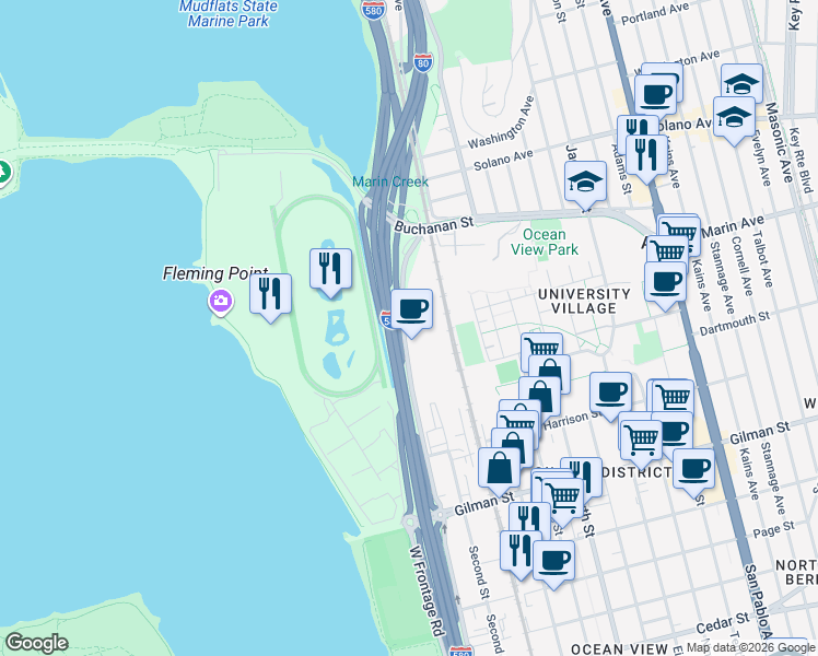 map of restaurants, bars, coffee shops, grocery stores, and more near 1061 Eastshore Highway in Albany