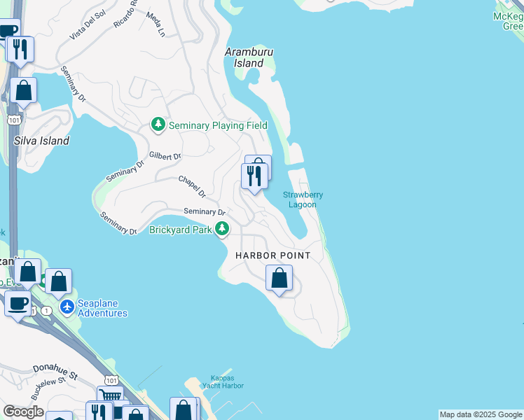 map of restaurants, bars, coffee shops, grocery stores, and more near 2 Harbor Point Drive in Mill Valley