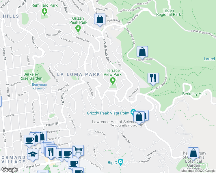 map of restaurants, bars, coffee shops, grocery stores, and more near 1434 Queens Road in Berkeley
