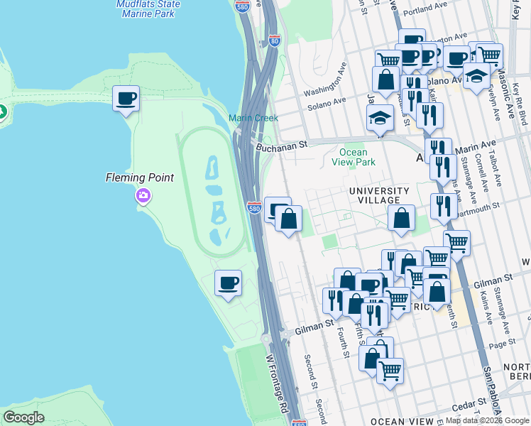 map of restaurants, bars, coffee shops, grocery stores, and more near 1061 Eastshore Highway in Albany