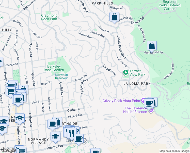 map of restaurants, bars, coffee shops, grocery stores, and more near 1339 La Loma Avenue in Berkeley