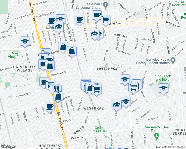 map of restaurants, bars, coffee shops, grocery stores, and more near 1118 Curtis Street in Albany