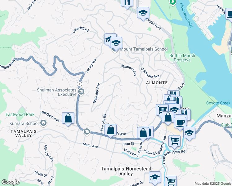 map of restaurants, bars, coffee shops, grocery stores, and more near 335 Pine Hill Road in Mill Valley