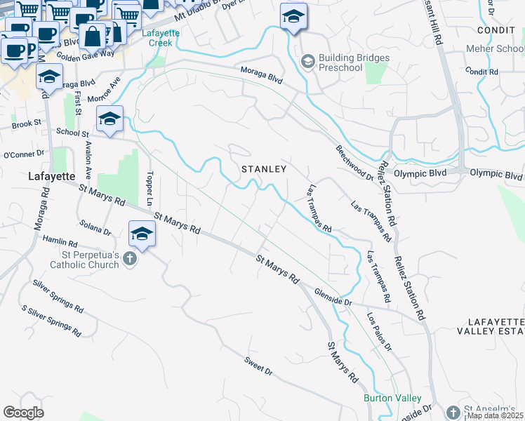 map of restaurants, bars, coffee shops, grocery stores, and more near 31 Old Millstone Lane in Lafayette