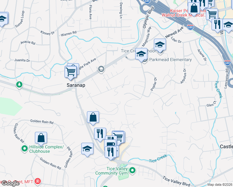 map of restaurants, bars, coffee shops, grocery stores, and more near 19 Sequoia Lane in Walnut Creek