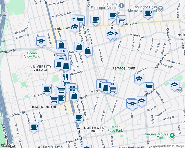 map of restaurants, bars, coffee shops, grocery stores, and more near 1121 Evelyn Avenue in Albany