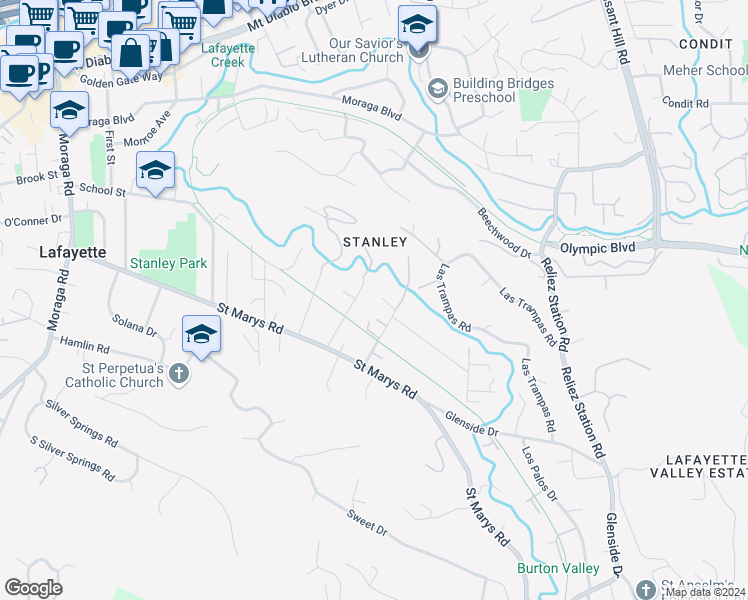 map of restaurants, bars, coffee shops, grocery stores, and more near 31 Old Millstone Lane in Lafayette