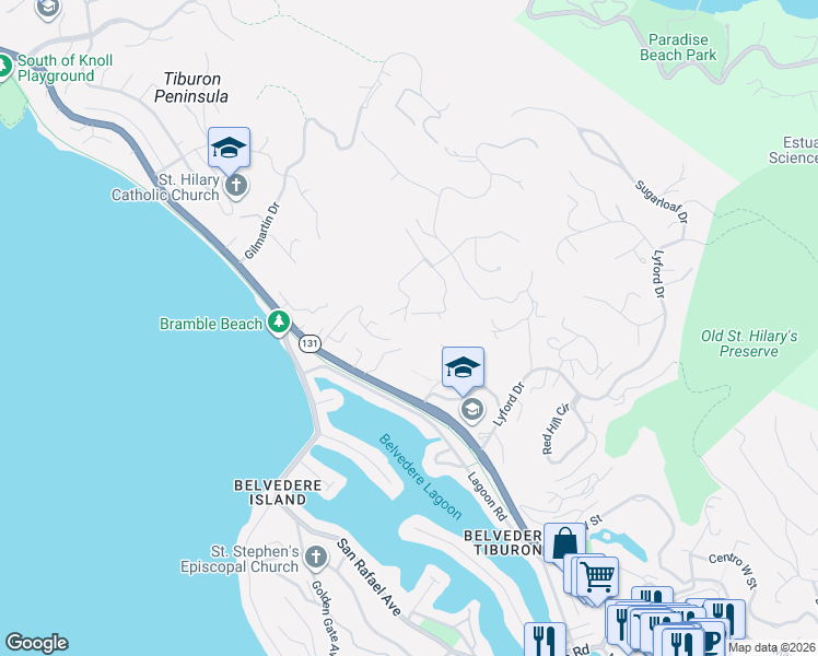 map of restaurants, bars, coffee shops, grocery stores, and more near 95 Spring Lane in Belvedere Tiburon