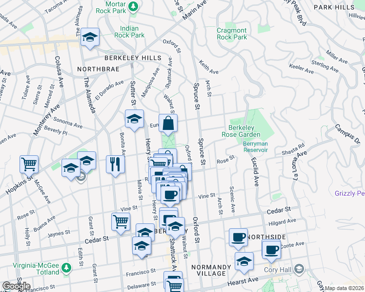 map of restaurants, bars, coffee shops, grocery stores, and more near Berryman Path in Berkeley