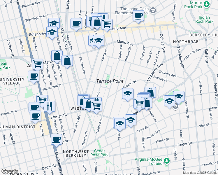 map of restaurants, bars, coffee shops, grocery stores, and more near 1066 Peralta Avenue in Albany