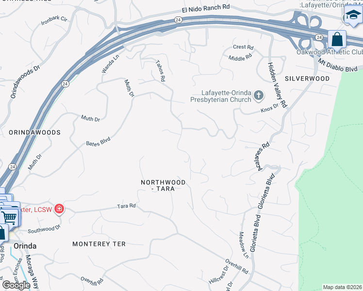map of restaurants, bars, coffee shops, grocery stores, and more near 565 Tahos Road in Orinda