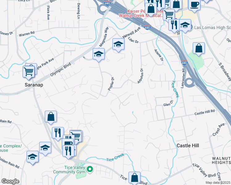 map of restaurants, bars, coffee shops, grocery stores, and more near 118 Del Monte Drive in Walnut Creek