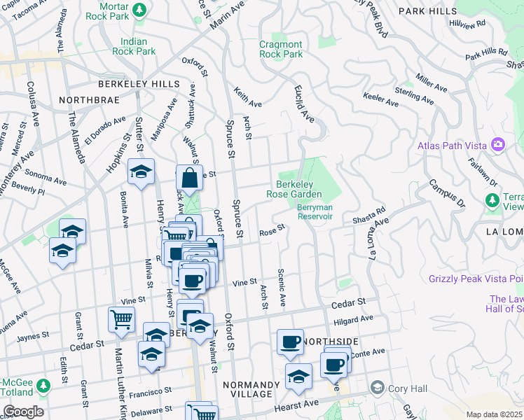 map of restaurants, bars, coffee shops, grocery stores, and more near 1309 Arch Street in Berkeley