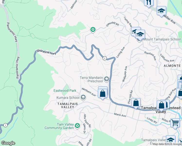 map of restaurants, bars, coffee shops, grocery stores, and more near 841 Chamberlain Court in Mill Valley