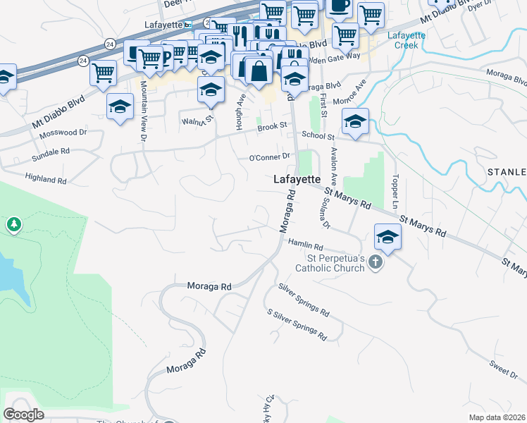 map of restaurants, bars, coffee shops, grocery stores, and more near 849 Sibert Court in Lafayette