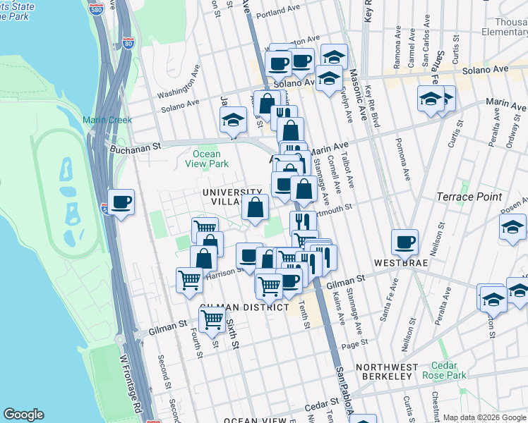 map of restaurants, bars, coffee shops, grocery stores, and more near 1101 Jackson Street in Albany