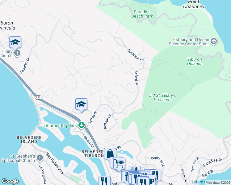 map of restaurants, bars, coffee shops, grocery stores, and more near 5 Acela Drive in Tiburon