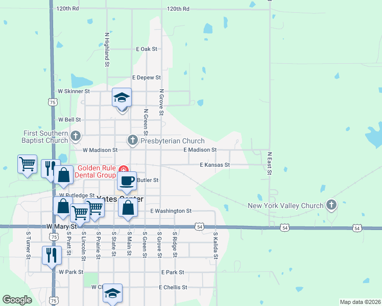 map of restaurants, bars, coffee shops, grocery stores, and more near 500 East Madison Street in Yates Center