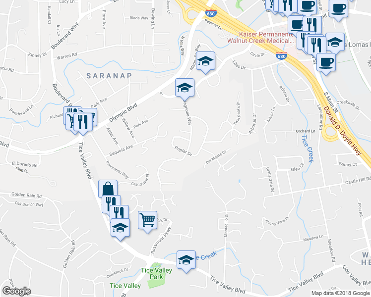 map of restaurants, bars, coffee shops, grocery stores, and more near 1807 Poplar Drive in Walnut Creek