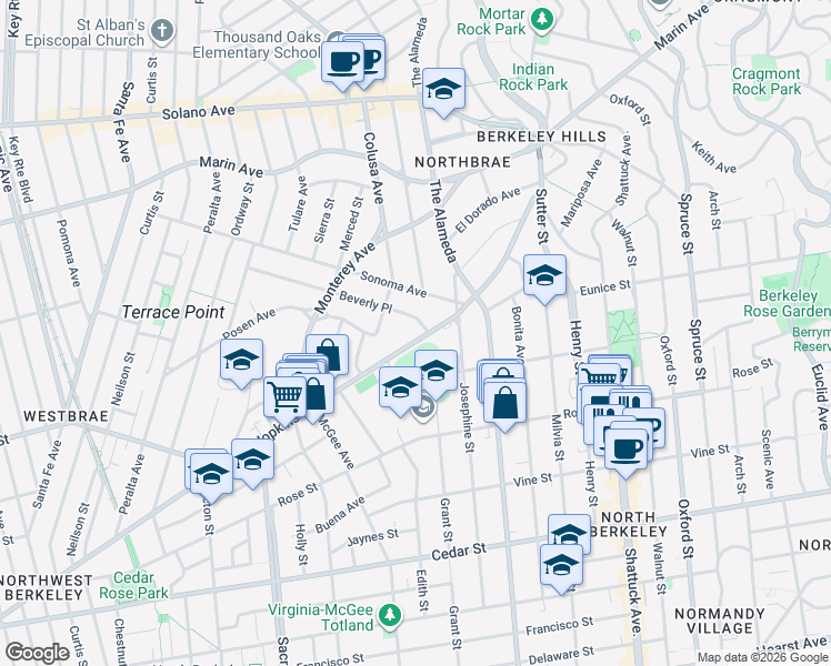 map of restaurants, bars, coffee shops, grocery stores, and more near 1759 Hopkins Street in Berkeley