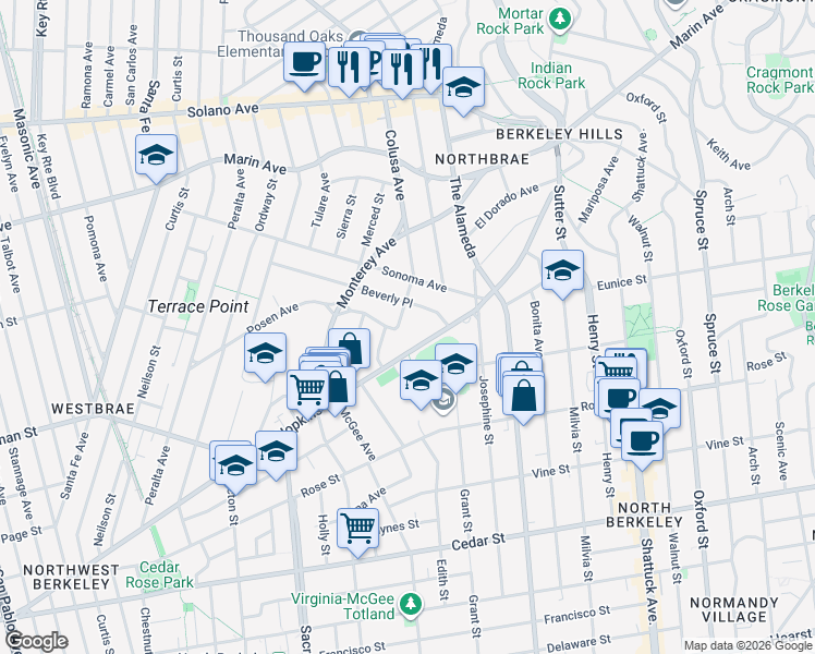 map of restaurants, bars, coffee shops, grocery stores, and more near 1175 Colusa Avenue in Berkeley