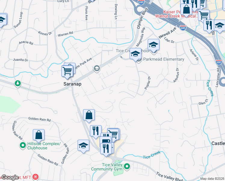 map of restaurants, bars, coffee shops, grocery stores, and more near 19 Sequoia Lane in Walnut Creek