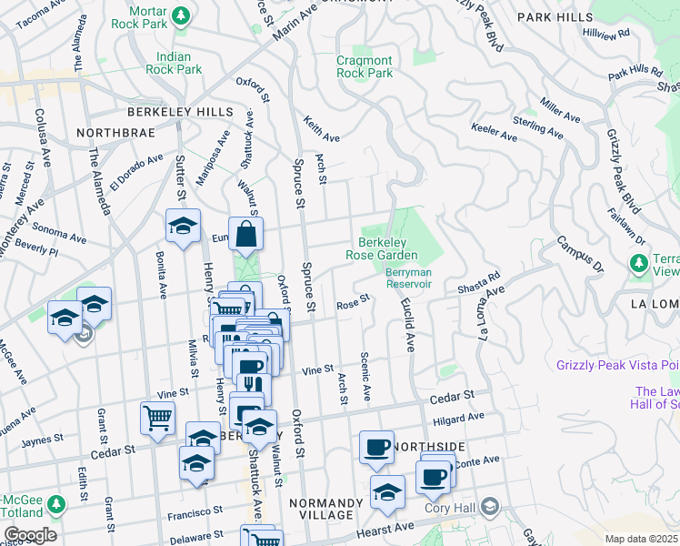 map of restaurants, bars, coffee shops, grocery stores, and more near 1305 Arch Street in Berkeley