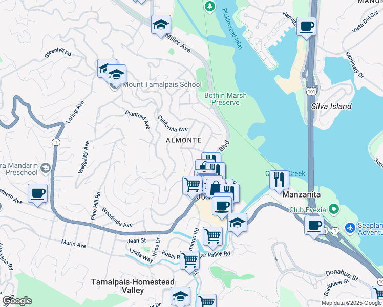 map of restaurants, bars, coffee shops, grocery stores, and more near Greene Street in Mill Valley