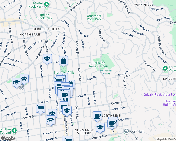 map of restaurants, bars, coffee shops, grocery stores, and more near 1305 Arch Street in Berkeley