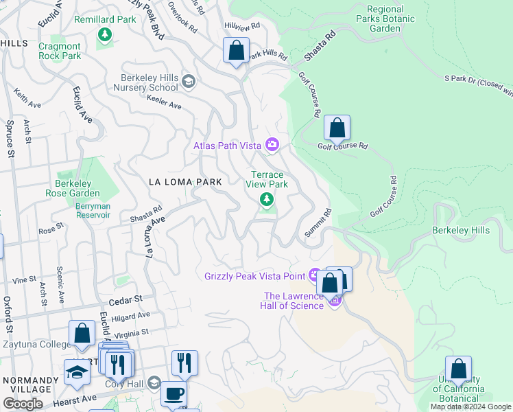 map of restaurants, bars, coffee shops, grocery stores, and more near 1434 Queens Road in Berkeley
