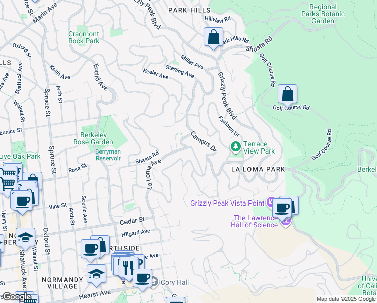 map of restaurants, bars, coffee shops, grocery stores, and more near 1404 Glendale Avenue in Berkeley
