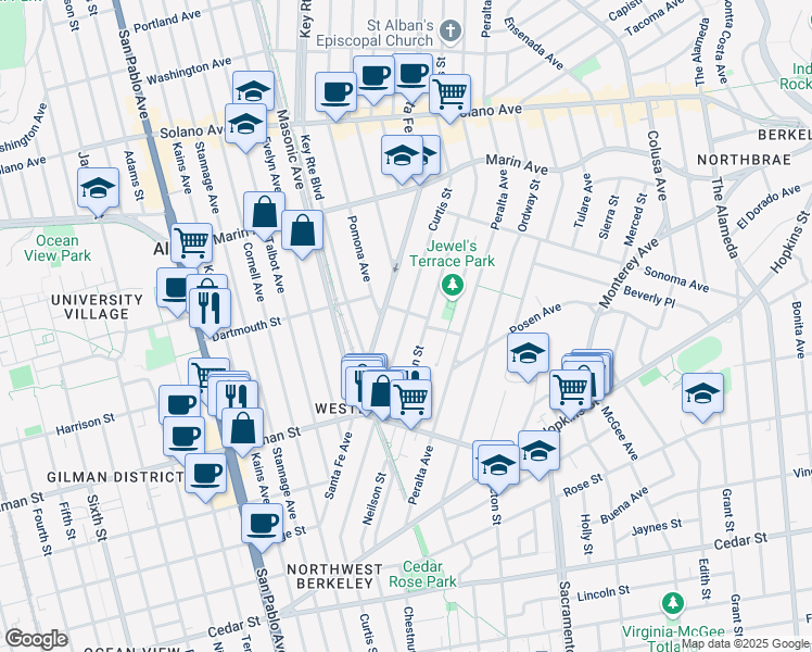 map of restaurants, bars, coffee shops, grocery stores, and more near 1117 Curtis Street in Albany