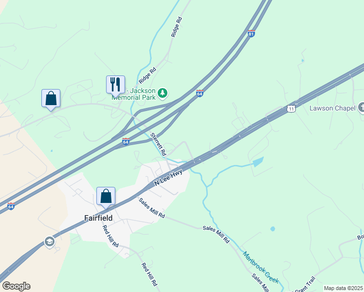 map of restaurants, bars, coffee shops, grocery stores, and more near Sterrett Rd in Rockbridge