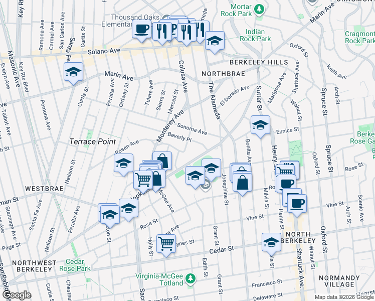 map of restaurants, bars, coffee shops, grocery stores, and more near 1175 Colusa Avenue in Berkeley