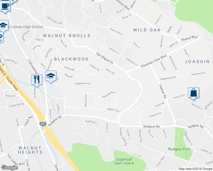map of restaurants, bars, coffee shops, grocery stores, and more near 10 Aloyse Court in Walnut Creek