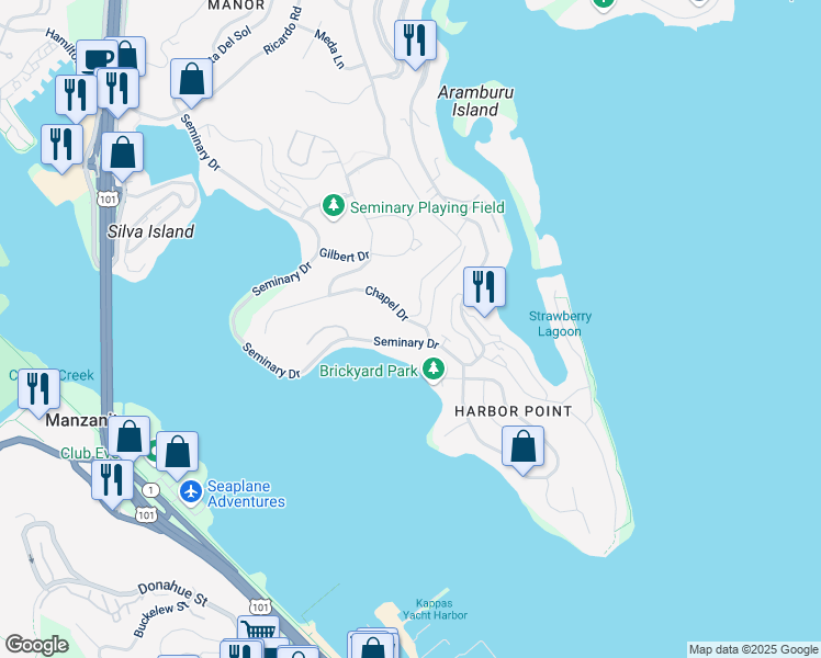 map of restaurants, bars, coffee shops, grocery stores, and more near 117 Chapel Drive in Mill Valley